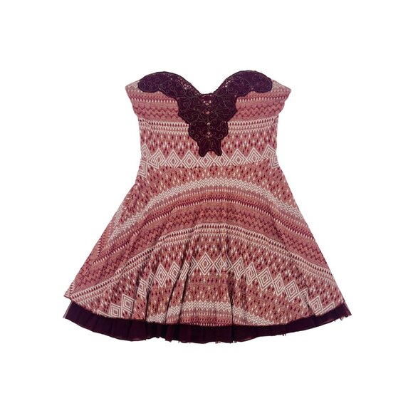 Free People Burgundy Shimmer Fit & Flare Tulle Trim Embroidered Sweetheart Dress - Picture 2 of 16